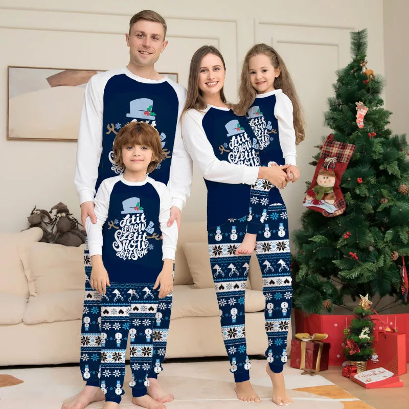 2022 Xmas Blue Print Christmas Set Family Festive Homewear Two-piece Christmas For Family Clothing Suit