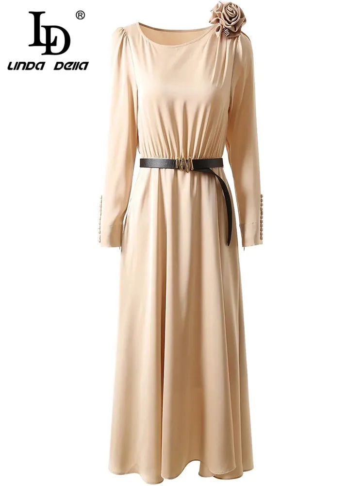 

LD LINDA DELLA 2023 Новое весеннее модное дизайнерское платье для женщин Цветочная аппликация с длинным рукавом поясом однотонное платье миди