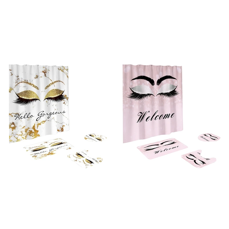 

Eyeshadow Printed Bathroom Curtain Flannel Toilet Lid Cover Anti-Slip Soft Carpet Shower Curtain Bath Mats Set