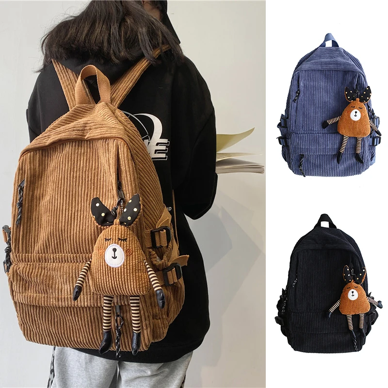 

Милый вельветовый рюкзак для пары, милый однотонный модный студенческий рюкзак в стиле колледжа с куклами, популярная Вместительная дорожн...