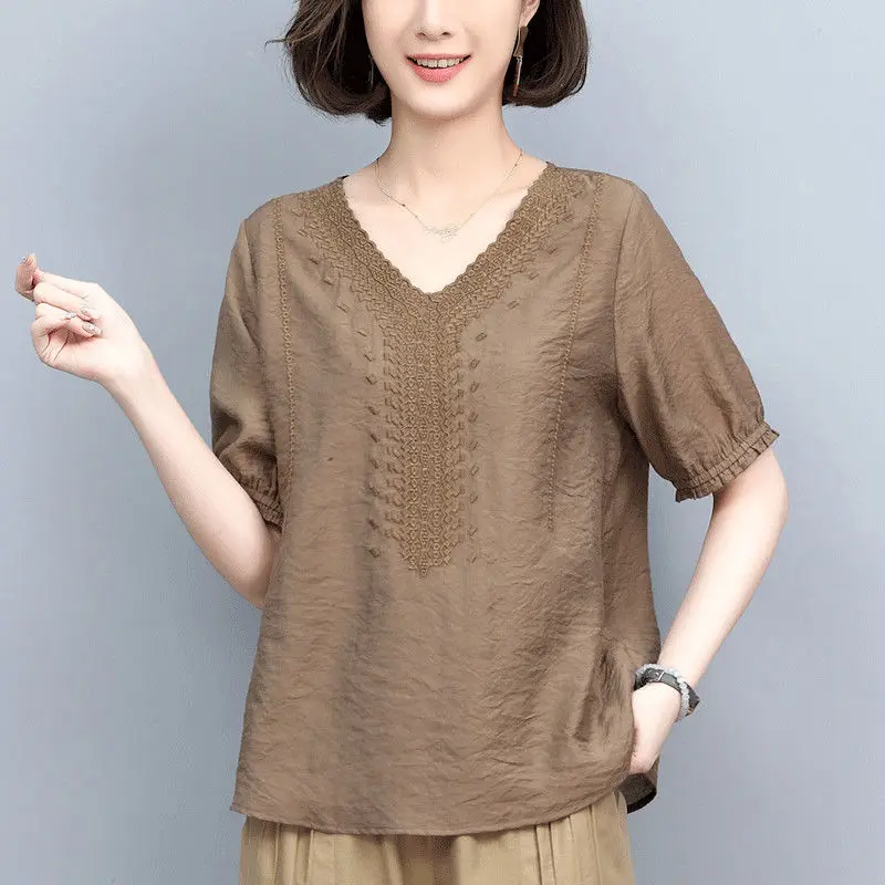 

Retro Embroidery Simple V Neck Short Sleeve Ladies Tops Summer Women's Casual Loose Solid Street Blouse Top Blusas Clothing 2023