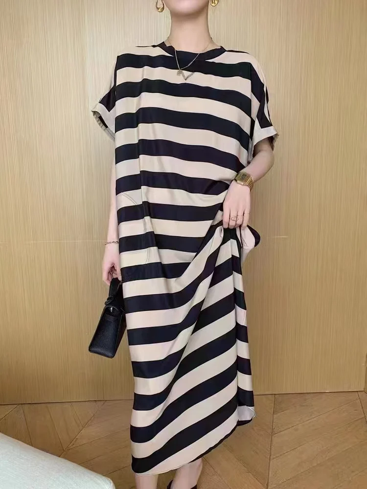 

2022 new women fashion short sleeve crew neck embroidered striped silk dress 0628