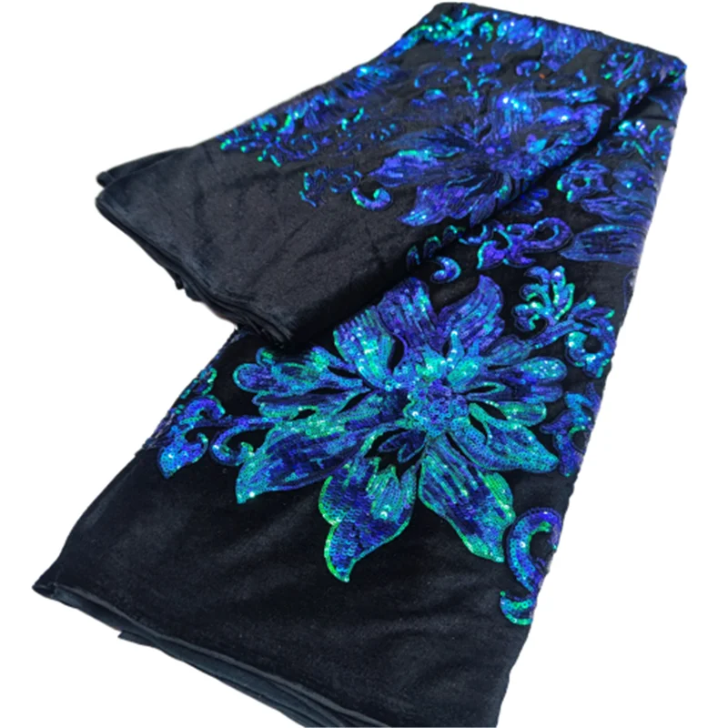 Blue Black French velvet Lace Fabric 2022 African Mesh Lace Fabric Embroidery Sequins Tulle lace Fabric for Sewing party Y99-30