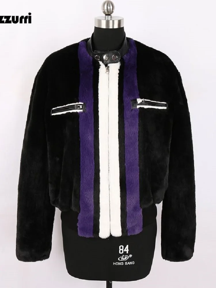 

Nerazzurri Зимняя Короткая Мягкая Теплая Лоскутная Пальто из Искусственного Меха Женщины Молния С Длинным Рукавом Подиумная Дизайнерская Роскошная Пушистая куртка из искусственного меха 2023 шуба из искусственного меха