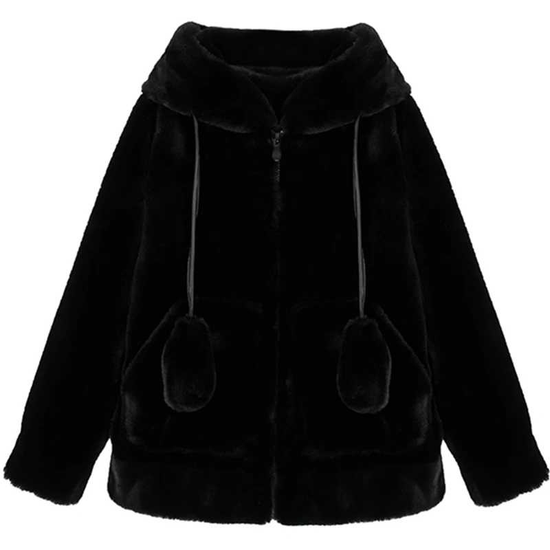 Winter Jacket Women's Zipper Overd Soft Harajuku Kawaii Hooded Rabbit Ears h Faux Cashmere Coat  Velvet Padded 2022 korean