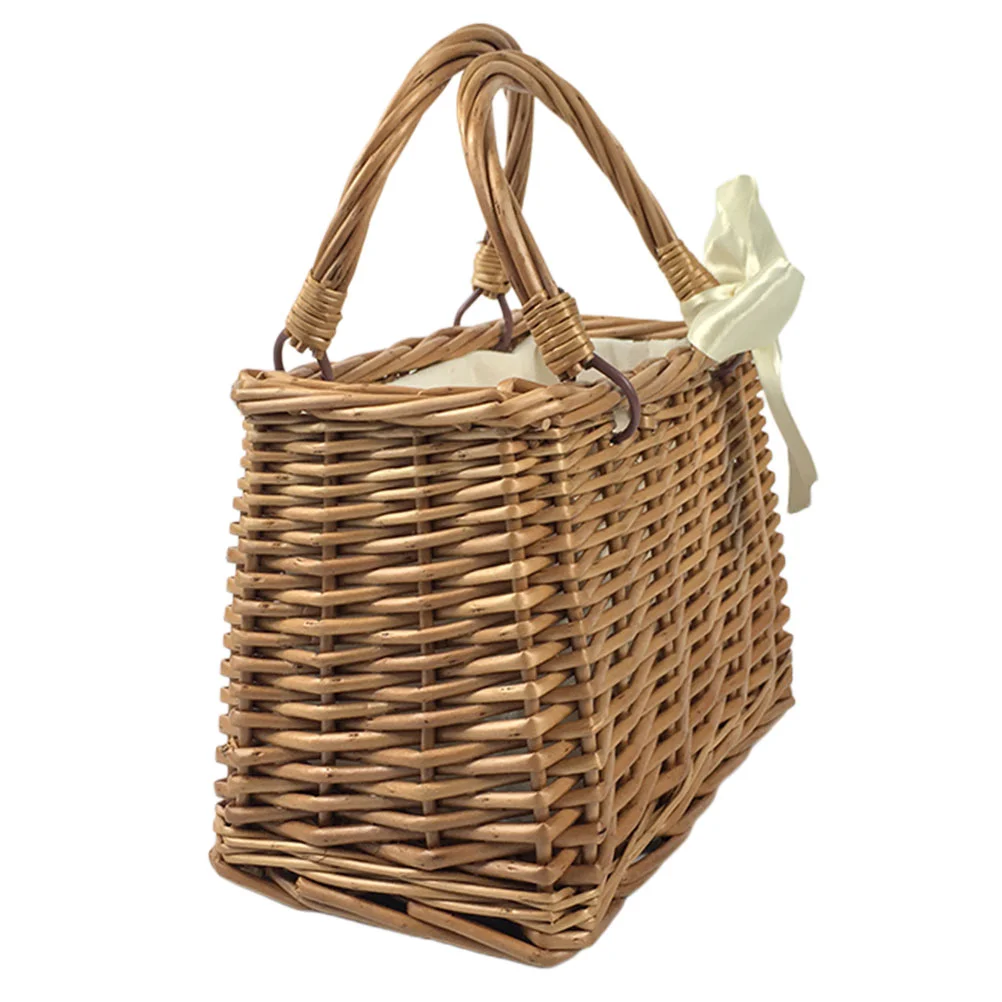 

Woven Flower Basket Outdoor Wicker Purse Picnic Fruit Holder Decorative Handbag Vegetable Carrying Vegetables
