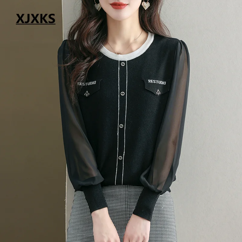 

XJXKS 2023 Весна-Осень Новые темпераментные шерстяные вязаные шифоновые топы с вышивкой женский свитер пуловер