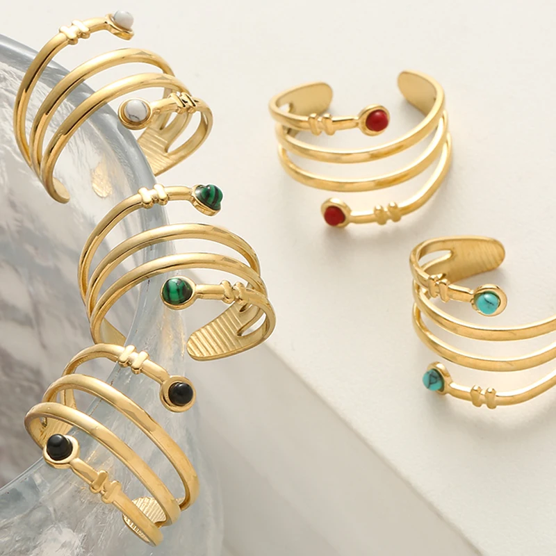 

Vintage Personality Hollowed Out Opening Rings for Women Simple Luxury Natural Stone Inlay Ring Trendy Gold Stainless Steel Ring