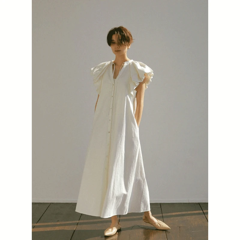 

23 New V-neck Fashion Long Belted Straight Loose Cotton and Linen Dress