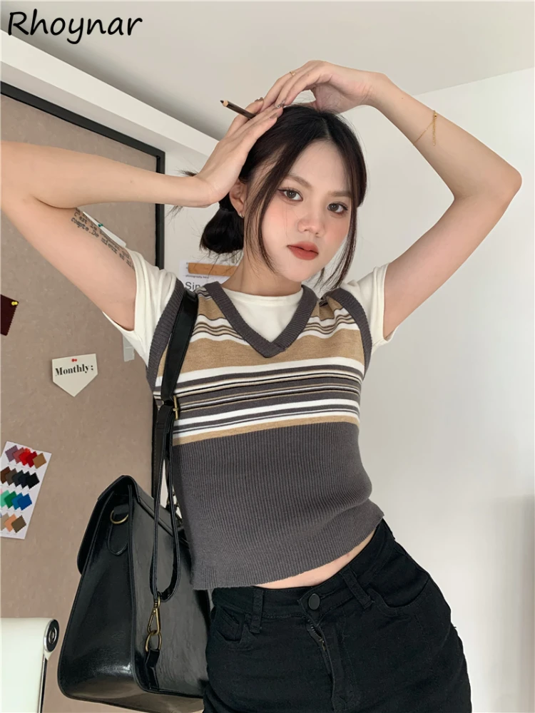 

Sweater Vest Women Cropped Striped Retro Preppy Style Sweet Sexy Chic Ulzzang Basic All-match Thin Summer Slim Kawaii Teens Ins