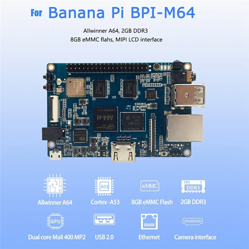 Фото Изысканная плата для разработки Banana Pi BPI-M64 + радиатор A64 2 ГБ DDR3 8G EMMC 1000 Мбит/с Wi-Fi + BT Поддержка для Linux Raspberry Pi №1