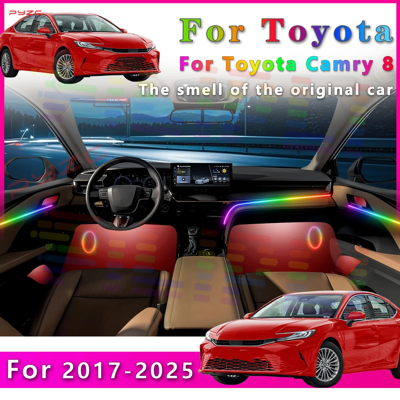 Фото Для Toyota Camry 8, внутренняя автомобильная светодиодная лента с 64 цветами и несколькими функциями регулировки режима освещения для внутреннего освещения №1