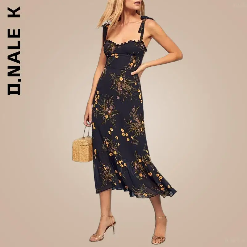 

D.Nale K Frill Sweetheart Neck Sleeveless Dresses For Women Elegant Vintage Floral Dress Strap Tie Ruffle Hem Summer Dress