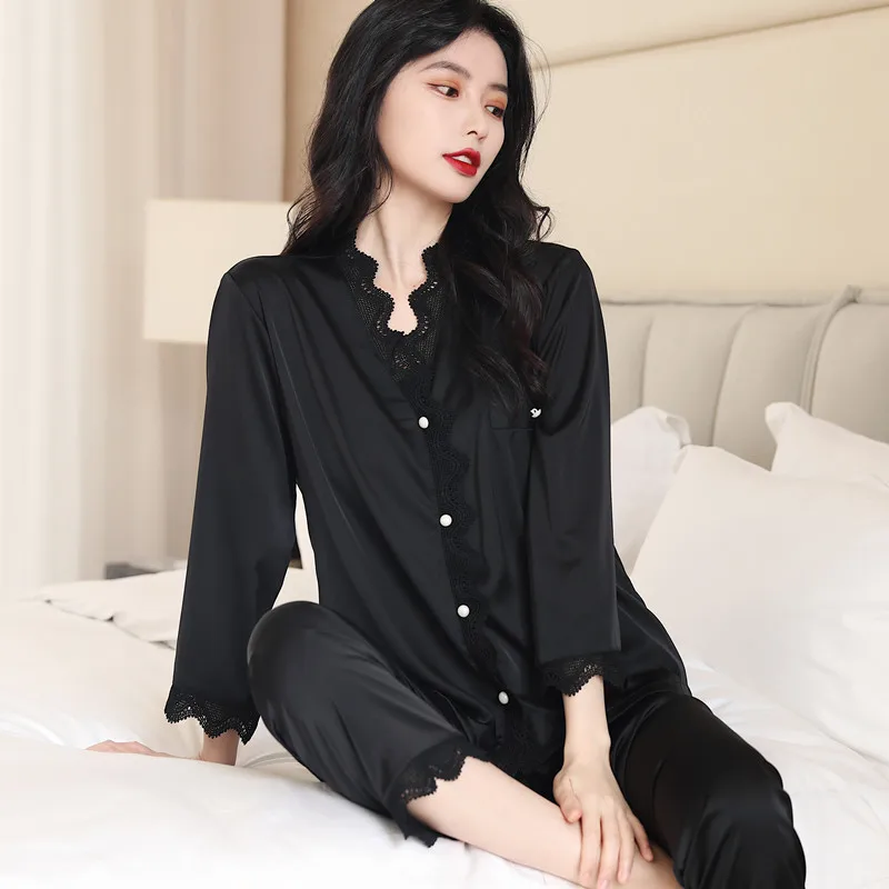 Spring Summer Sexy Silk Lace Long-Sleeved Trousers Pajamas Women's Suit Korean Style Solid Color Home Casual Homewear