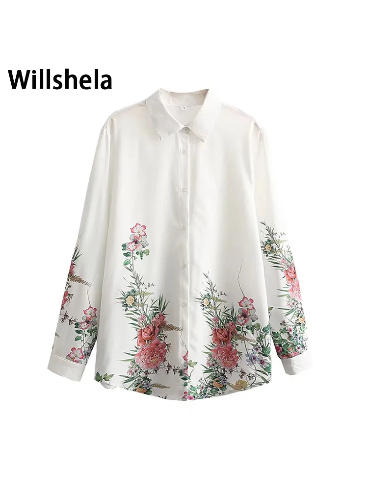 

Willshela Women Fashion Printed Single Breasted Blouse Vintage Long Sleeves Lapel Neck Female Chic Lady Shirts