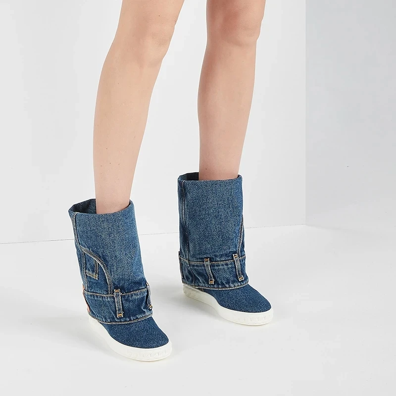 Designer Woman Blue Denim Pocket Boots Jeans Style Roman Inner Height Increasing Cowboy Mid Boots Slip On Boots Flat Shoes