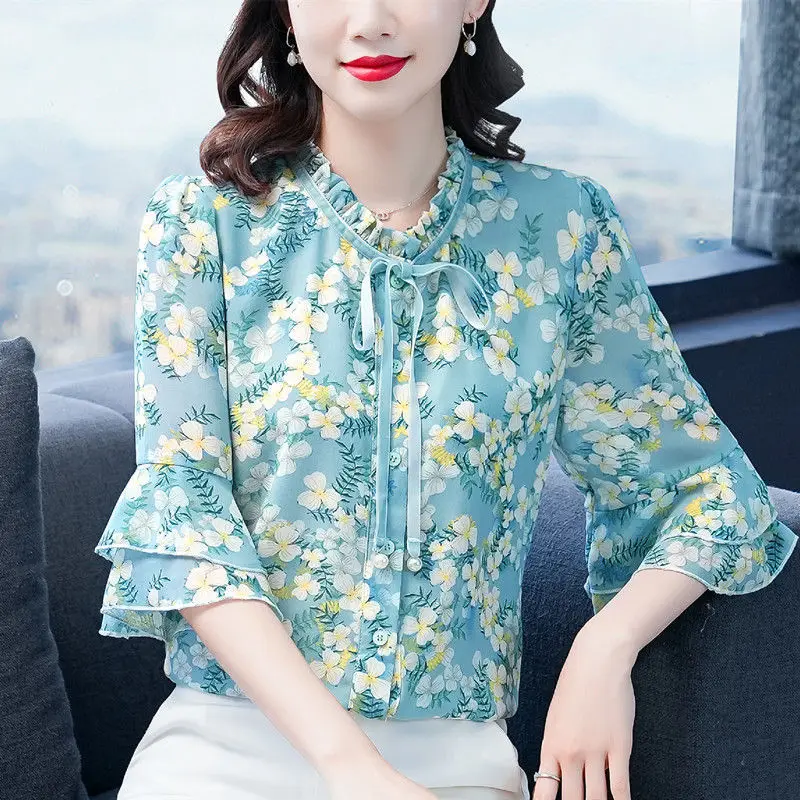 

Flower chiffon shirt blouse female short -sleeved fungus collar summer new sweet noble western shirt bow blouse female top