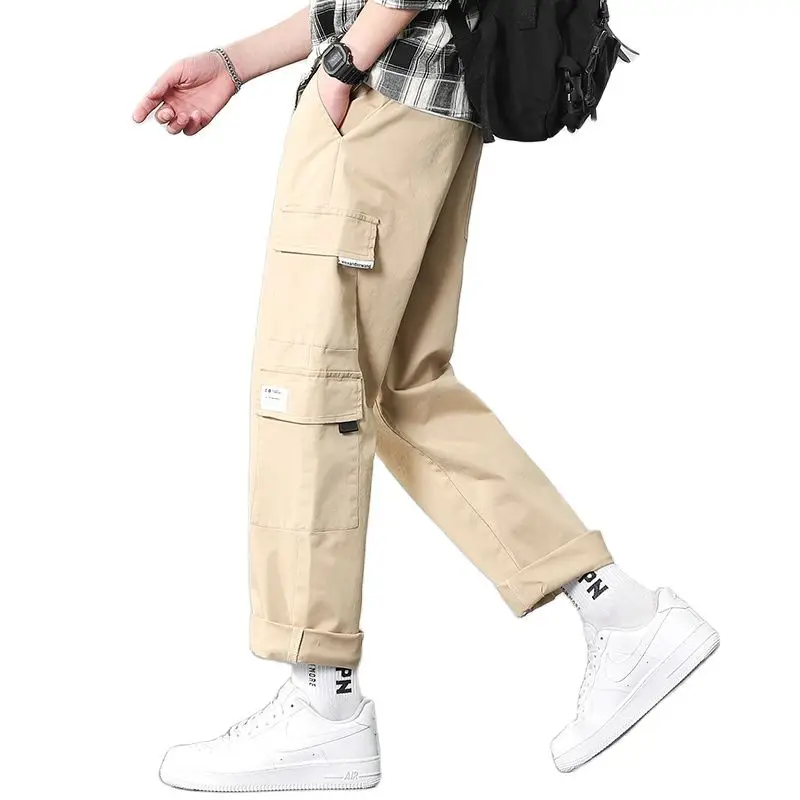 

Cargo Pants Men's Spring Leisure Bunched Pants Korean Hong Kong Style Straight Leg Loose Nine Cent Pants Male Overalls Khaki