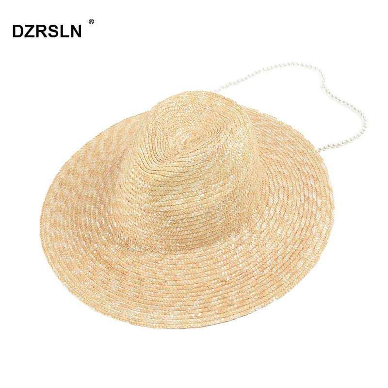 Summer New Women's Straw Hat Simple Fashion Pearl Chain Beach Hat  Large Brim Sunscreen Jazz Vacation Sun Hat