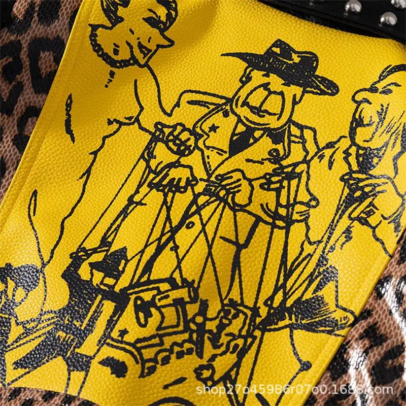 Autumn and winter new fashion chain leather jacket personality printing half open collar rivet jacket short top women