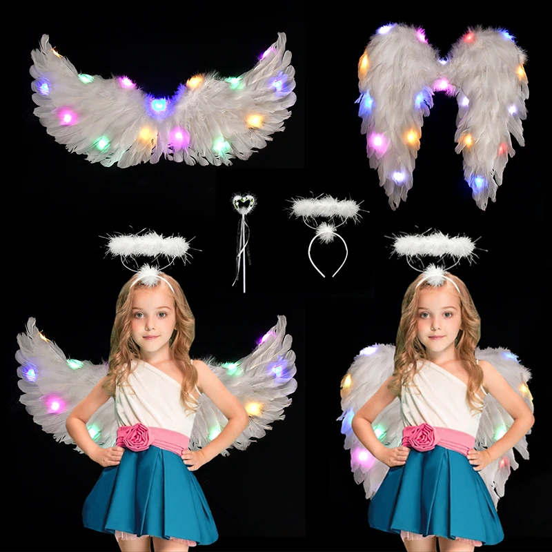 

Светодиодные фонари 3 шт./компл., белые крылья Ангела из перьев, украшение для Хэллоуина, реквизит для косплея женщины, ребенка, девочки, танц...
