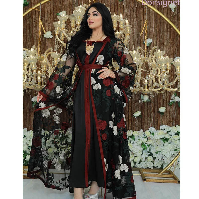 Middle East Dubai Embroidered Lace Mesh Lace Two-piece Sets Noble Dress Muslim Fashion Robe Femme Musulmane Abaya Turkey Dubai