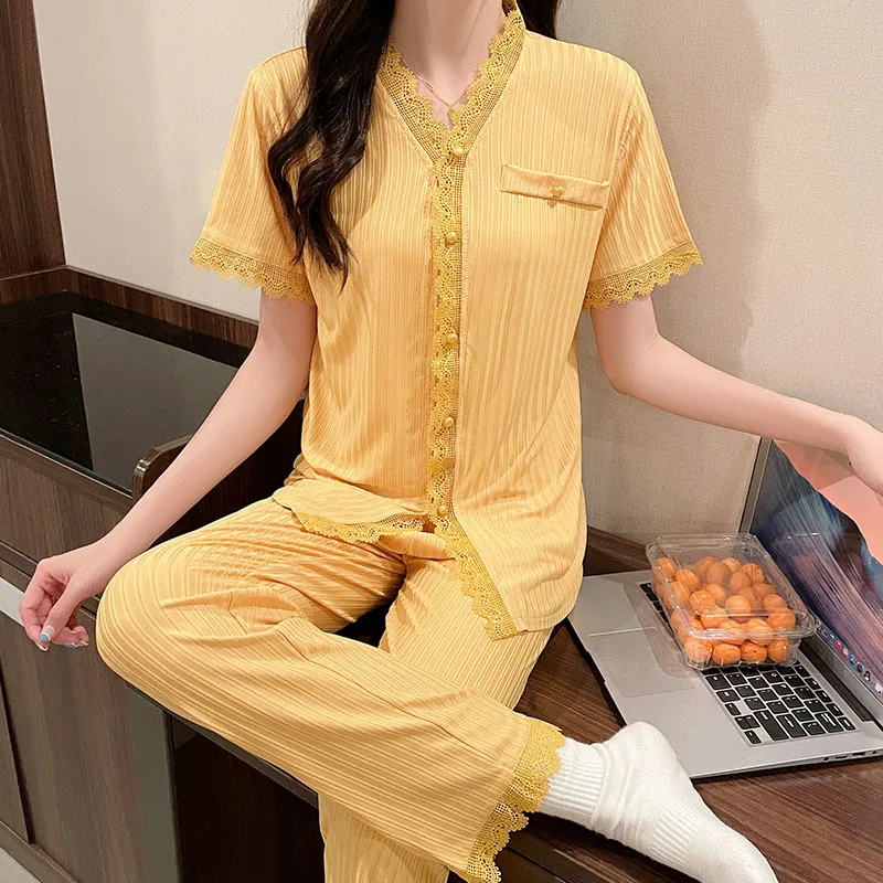 Summer pajamas women's milk silk pit strip cardigan V-neck short-sleeved trousers 2-piece set spring and autumn home clothes