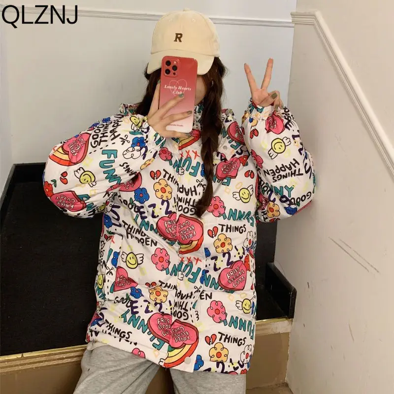 Winter Jacket Woman Cute Print Cotton Padded Quilted Jacket Ladies Warm Hooded Parkas Harajuku Casual Long Sleeve Bubble Coats