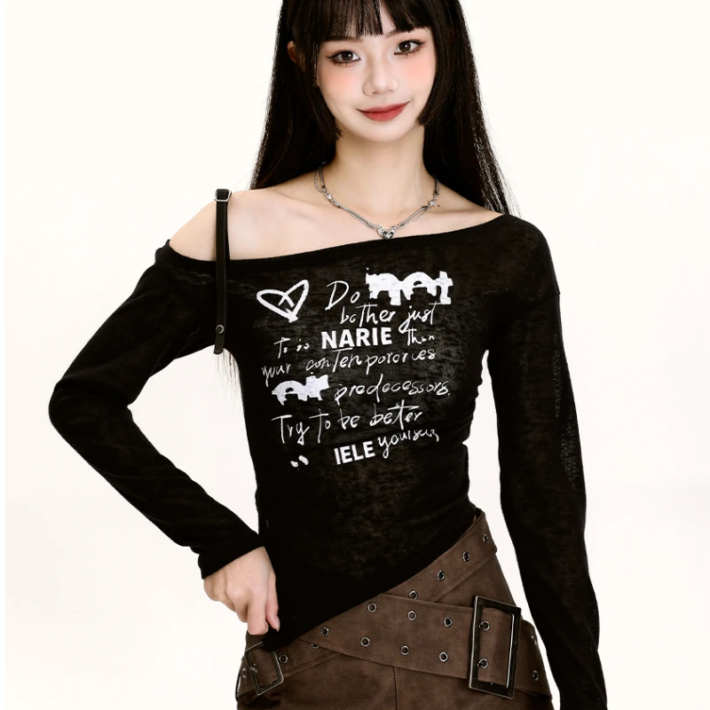 Футболки женские тонкие с буквенным принтом длинным рукавом винтажные открытыми