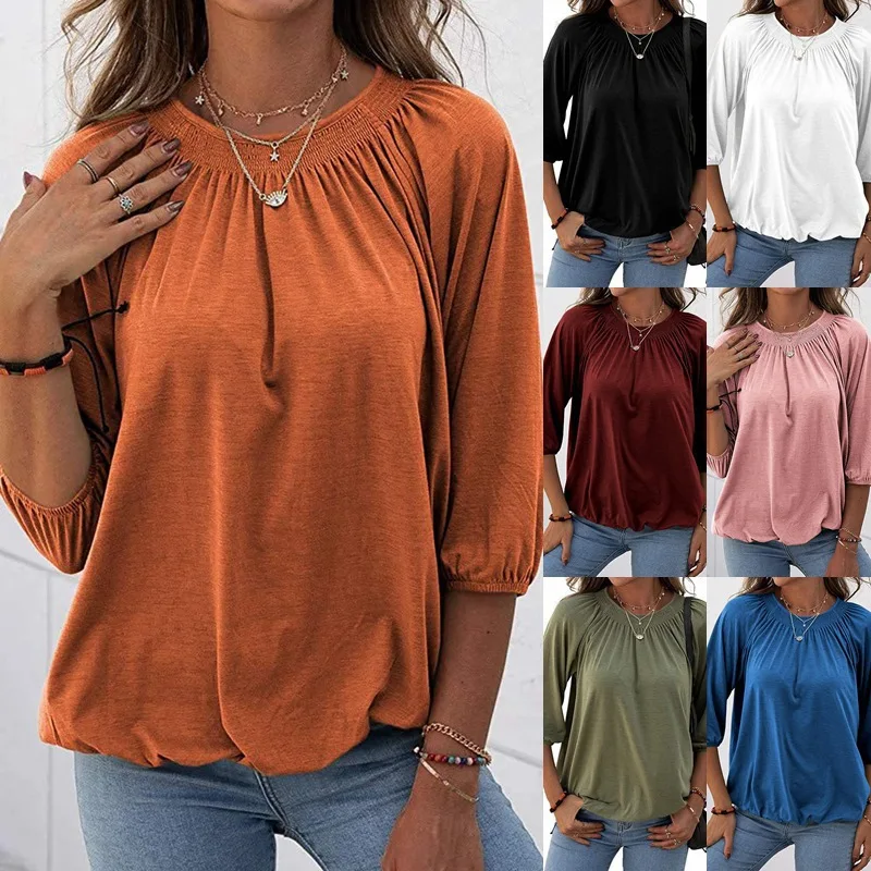 

Spring Women's Autumn Pullover Round Neck Three-quarter Sleeve T-shirt Elegant Solid Color Folds Loose Fitting Casual Style Top