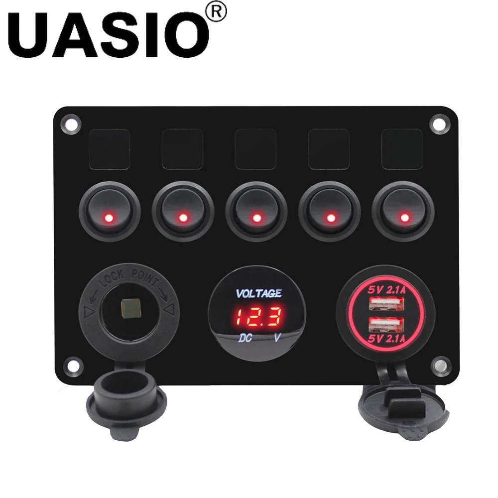 

5 Gang Boat Switch Panel 12V Power Outlet Voltmeter 4.2A Dual USB Charger for Car Boat Marine RV Rocker Panel Switches