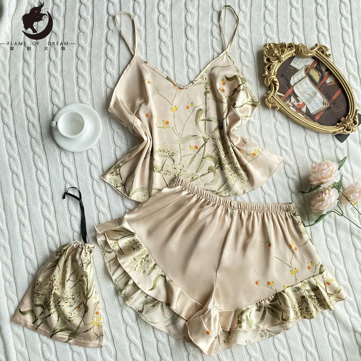 Summer Silk Pajamas Two-piece Fashion Printed Shorts Home Wear Suit Sexy Suspender pajamas 3015