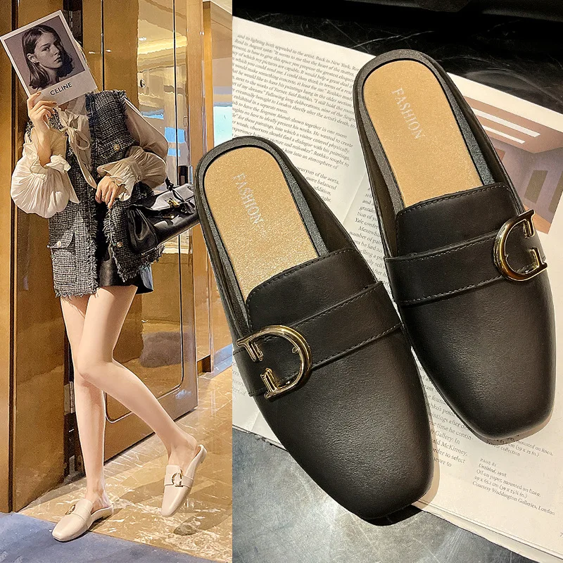 

Closed-Toe Semi-Slipper Women's Summer Outer Wear 2021 New Style Muller Lazy Fashion on Slipper Low Heel Semi-Trailing