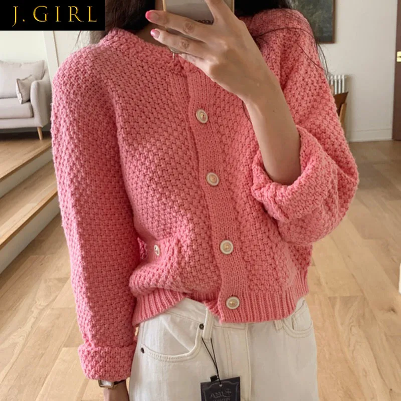 

J GIRLS Cardigan Ladies French Western Style Gentle Round Neck Chic Button Design Long Sleeve Pockets Thick Needle Knit Sweater