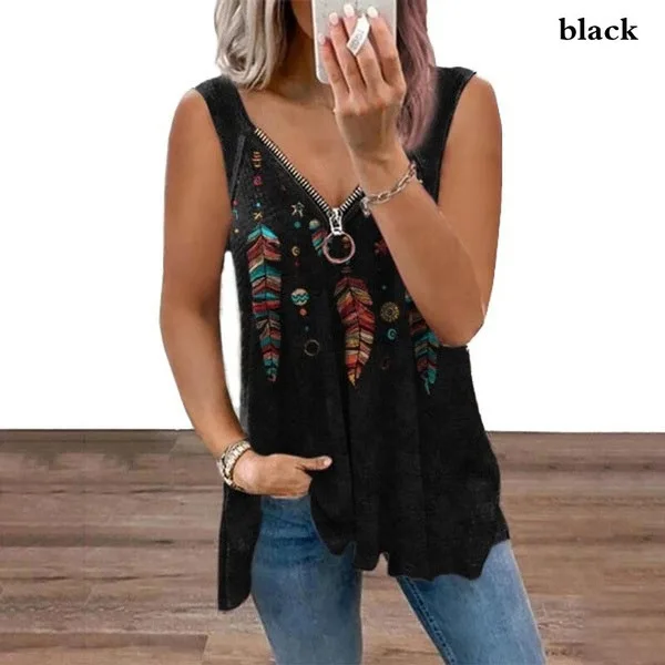 

2022 Summer New Printed V-Neck Zipper Sleeveless T-Shirt Women