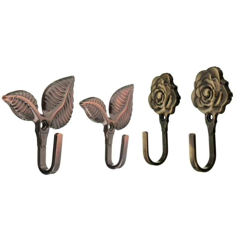 

2 пары настенных крючков: 1 пара металлических держателей для штор с розовым цветком и 1 пара настенных крючков для штор в форме железного листа