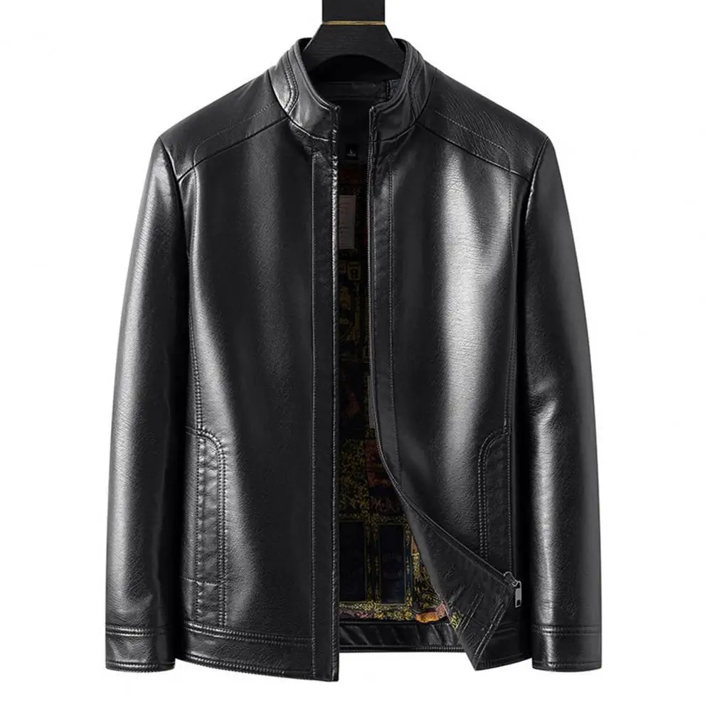 Куртка мужская из искусственной кожи с воротником-стойкой и застежкой-молнией
