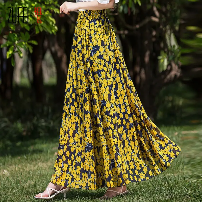 Женская длинная юбка с цветочным принтом шифоновая элегантная трапециевидная