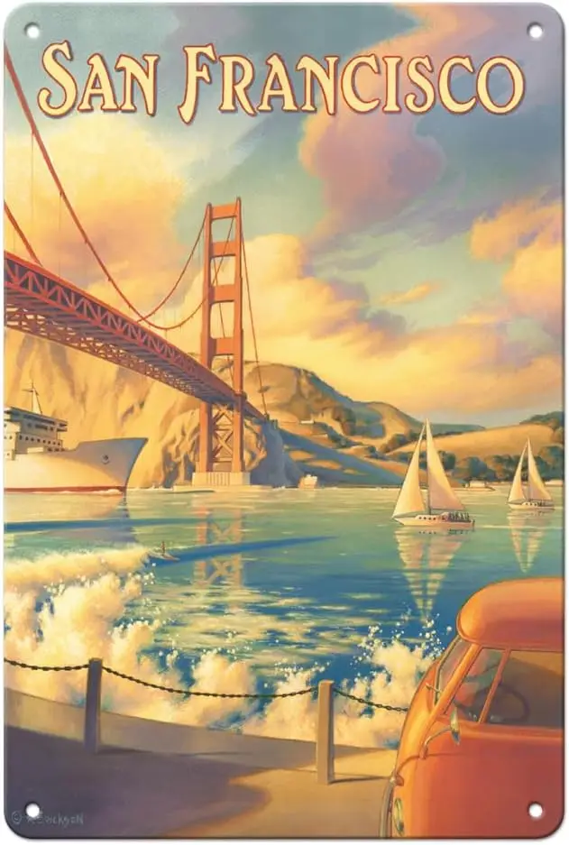 fc slnd rt Sn Frncsco Clforn — Golden Gte Brdge Mrn Hedlnds плакат Vntge Trvel от Kerne Erckson 8 x 12 nch Metl Tn S