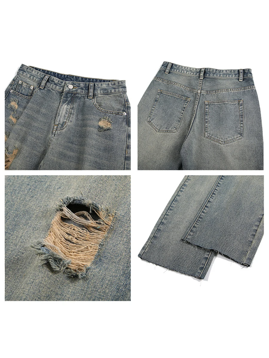 Four Seasons Men's Wear Vibe American High Street Ripped Jeans Hip Hop Loose Straight Trousers Fashion Streetwear Ins Hot Sale