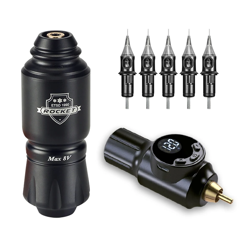 Rocket Mini Tattoo Machine Set 9000rpm Rotary Pen 1500MAH Battery Wireless Tattoo Power Supply RCA Connector Cord Tattoo Kit