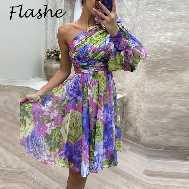 

Сексуальное платье с цветочным принтом, Женские Элегантные мини-платья с открытыми плечами для женщин, модное вечернее платье, модель 2023 года