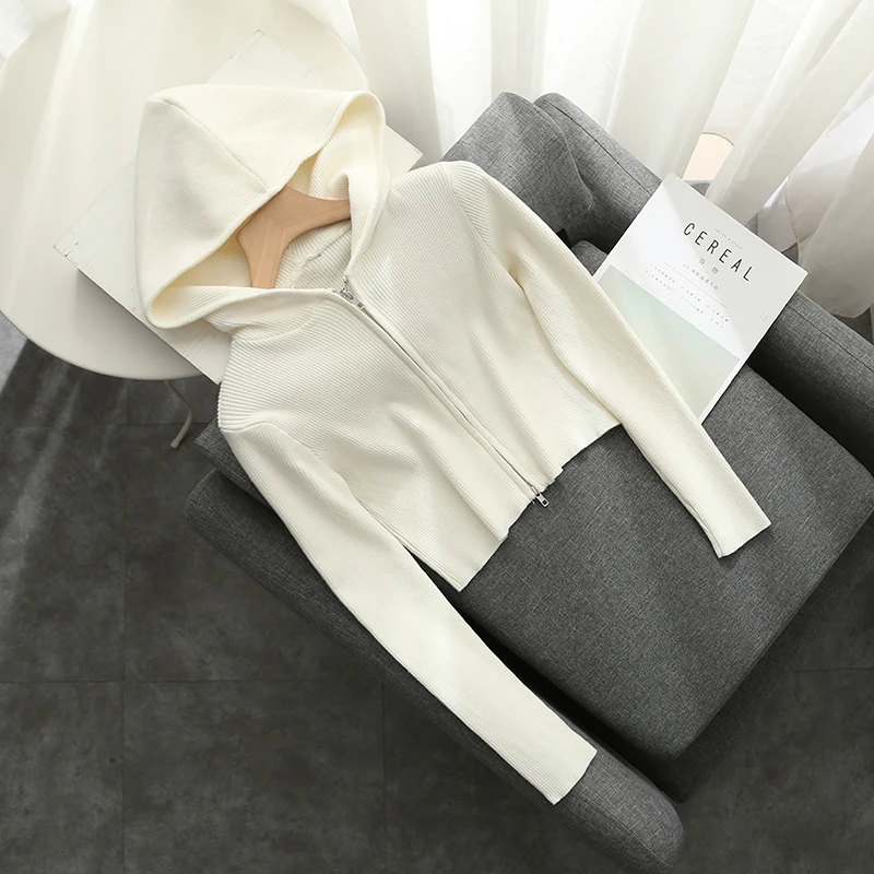 

Slim Girls Soft Cotton Knitted Hoodies 2022 Fashion Ladies Elegant Bomb Sweatshirts Casual Female Knitwear Vintage Women Chic