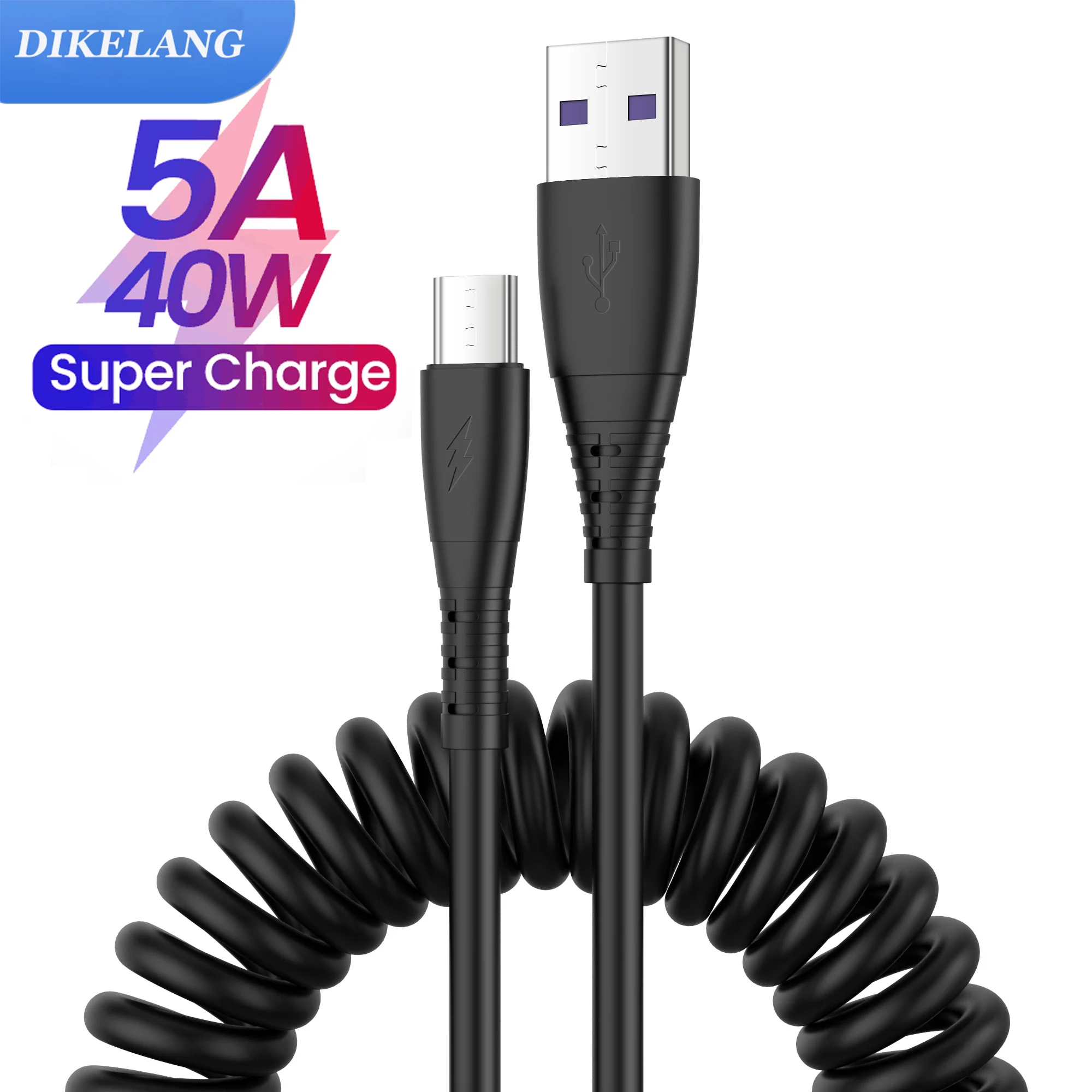 

5A Spring USB Cable Retractable Car Spring cable Fast Charging For Xiaomi mi 10 Samsung S21 Huawei P40 Micro USB Type C Cord