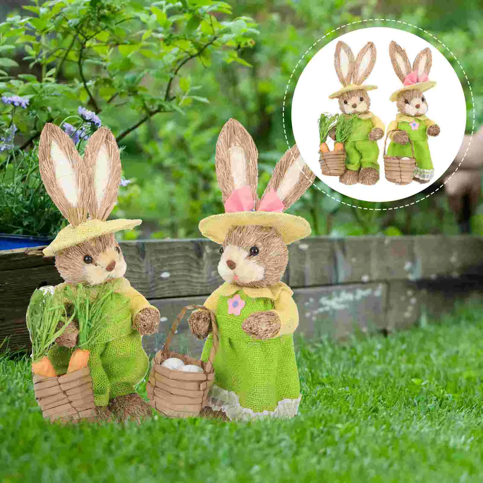 

Bunny Easter Rabbit Straw Woven Figurine Figurines Ornament Decoration Garden Standing Statues Decor Statue Holding Animal Hand