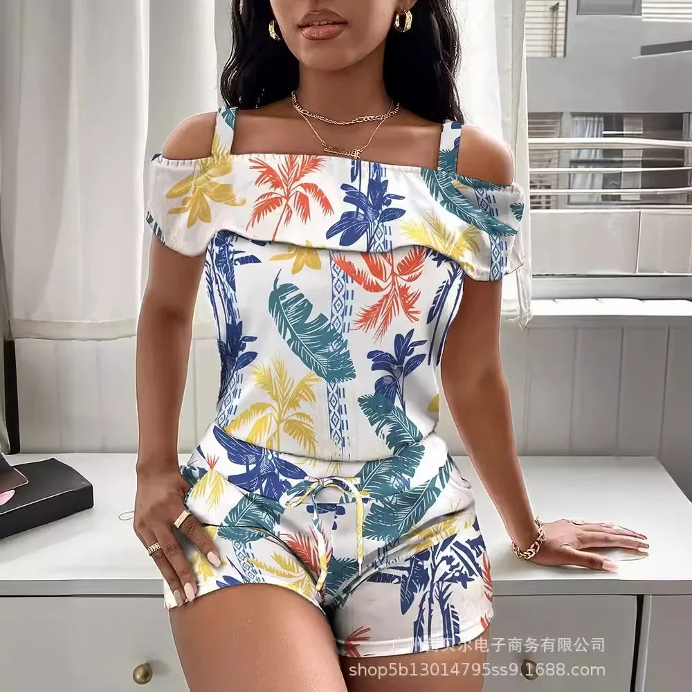 Женский летний цветочный костюм с завышенной талией юбка коротким рукавом майка
