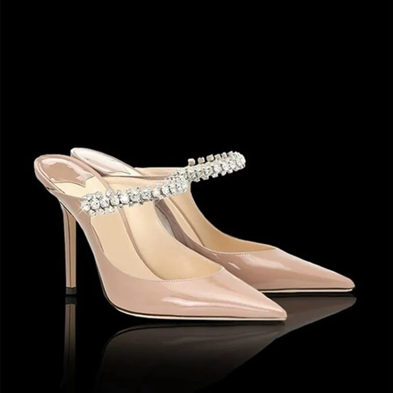 Spring and summer new high-heeled shoes Muller shoes pointed rhinestone chain fashion banquet Baotou stiletto ladies sandals