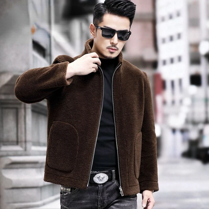 

2022 Men Autumn Winter Fashion Slim Sheep Shearing Jackets Male Stand Collar Warm Outerwear Men Genuine Lamb Fur Coats V08