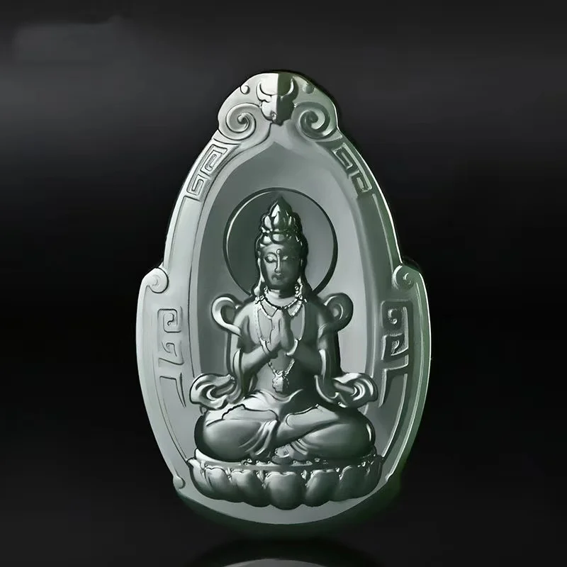 

Hot Selling Hand-carve Cyan Jade Guanyin Buddha Statue Necklace Pendant Fashion Jewelry Accessories Men Women Luck Gifts