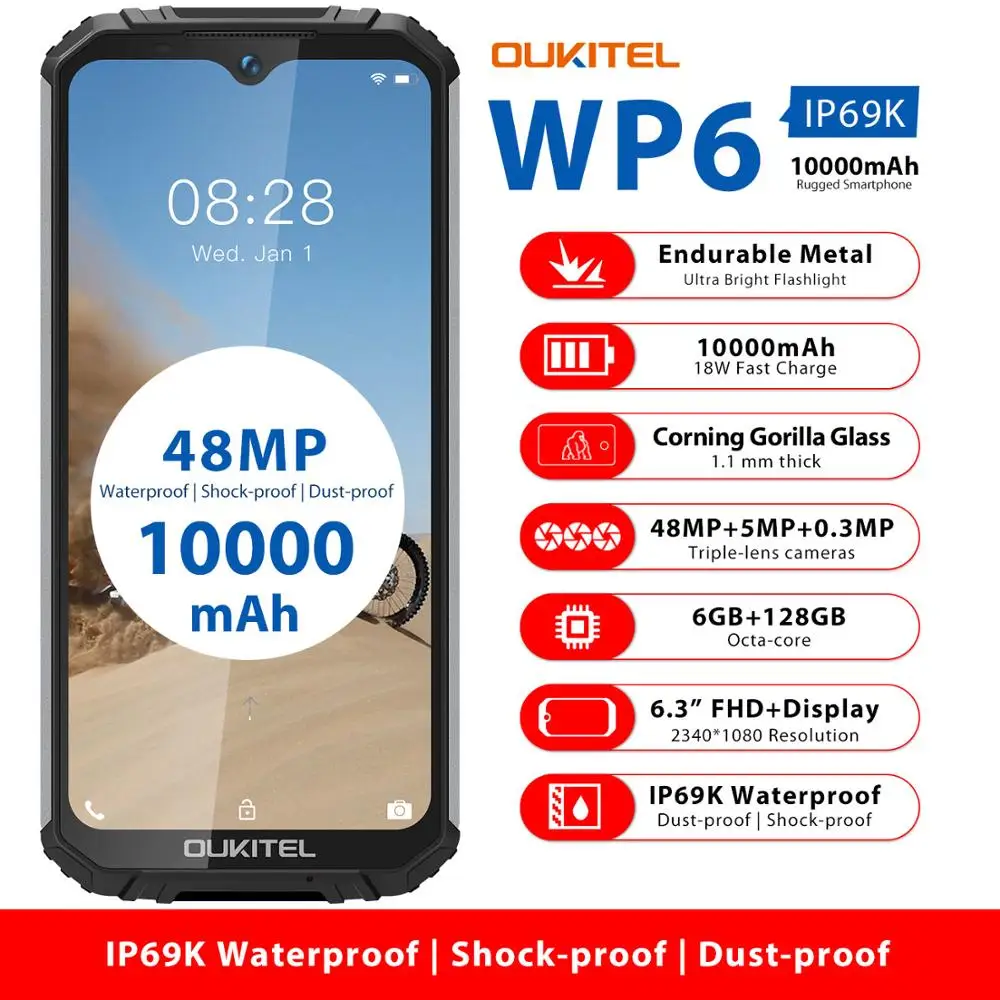OUKITEL WP6 10000mAh 6GB+128GB Cellphone IP68 Waterproof Rugged Mobile Phone 48MP Rear Triple Camera Smartphone